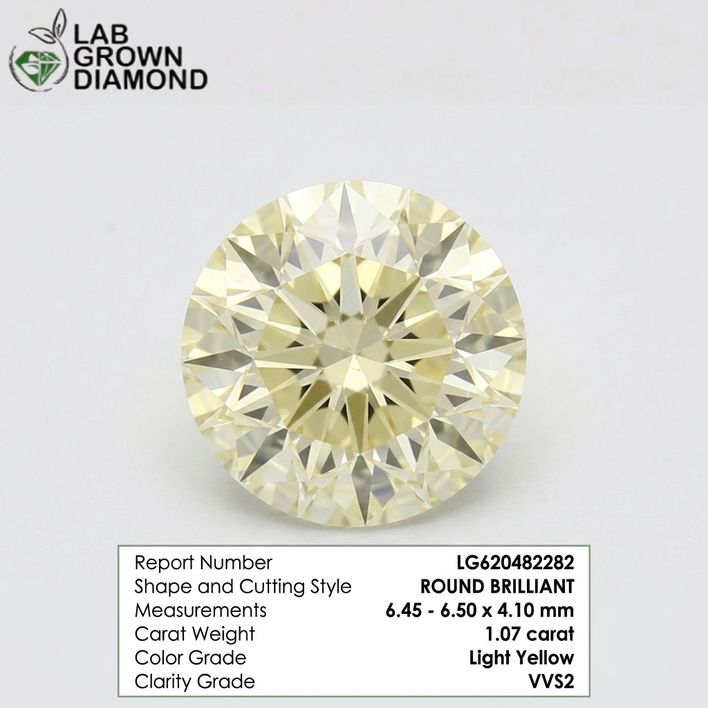 CVD Round Brilliant 1.07 Carat Light Yellow VVS 2